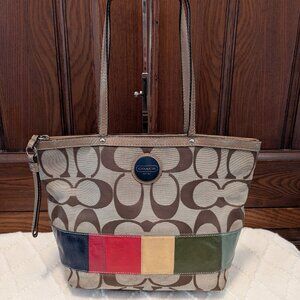 COACH Khaki Signature Legacy Rainbow Stripe Gold Leather Shoulder Tote F15588
